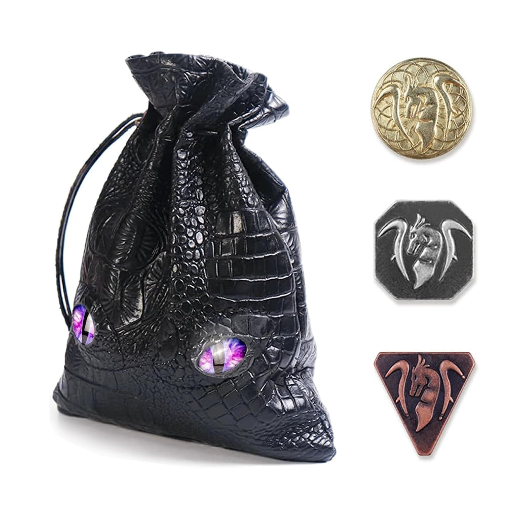 Byhoo 145pcs Metal DND Coins & Leather Case, Contains 60 Gold Coins, 40 Silver Coins, 40 Copper Coins and 5 Platinum Coins, Token with Glow in The Night Eyes Bag for RPG Tablelap Games