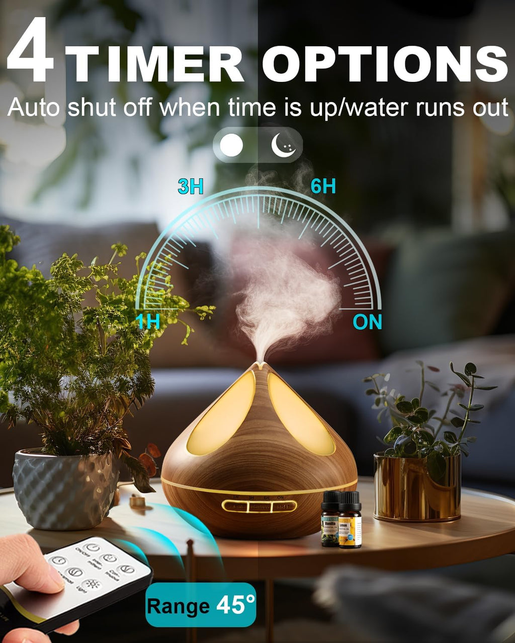 VAAGHANM Aroma Diffuser Diffusoren 500 ml mit 8 ätherischen Ölen, Aromatherapie-Diffusoren, Lufterfrischer, Luftbefeuchter mit Fernbedienung, 4 Timer für Schlafzimmer, Braun
