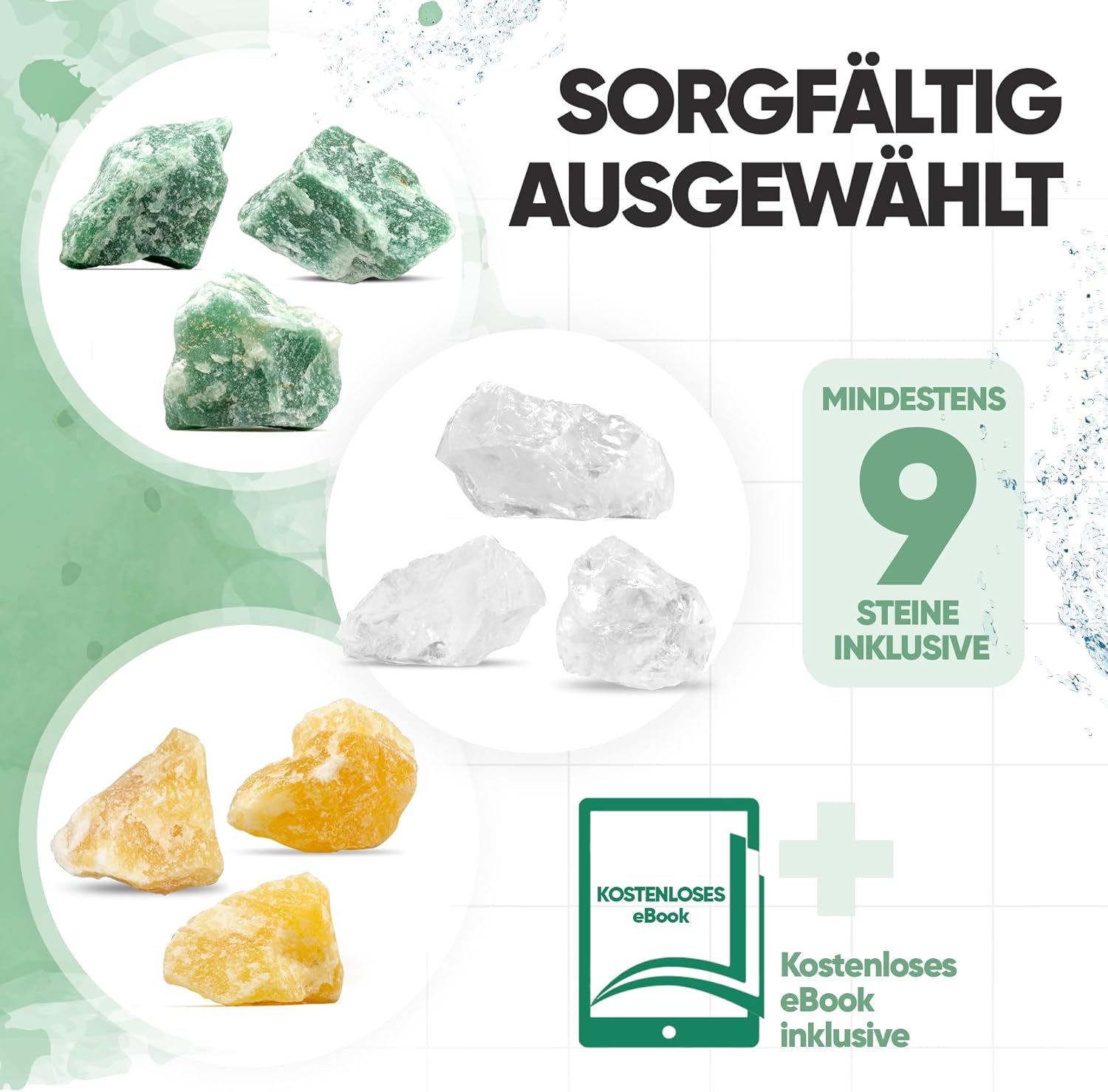 PURAJA Water Stone Mixture Power & Courage Premium Healing Stones Set Made of Real Gemstones: Rock Crystal, Orange Calcite, Aventurine | 100% Natural Crystals