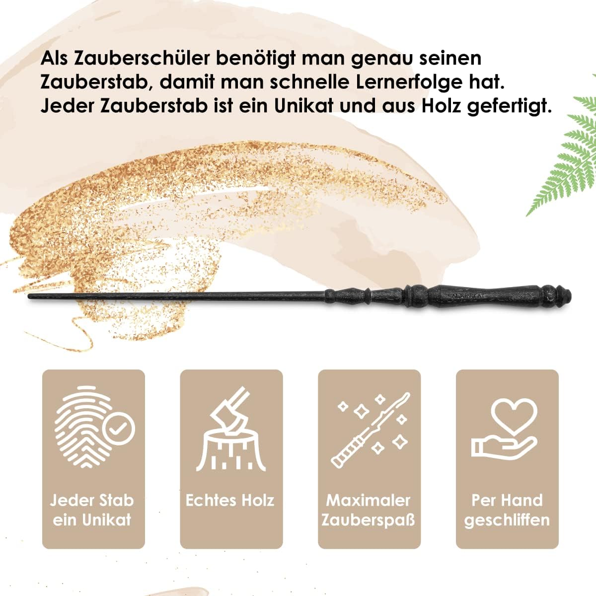 WALDUNIKAT® Zauberstab aus Holz – Made in Germany – Spielzeug, Geburtstags-Geschenk, Deko, Kostüm für Erwachsene, Kinder, Damen, Herren, Mädchen (No. 1 - Schwarz-Glitzer)