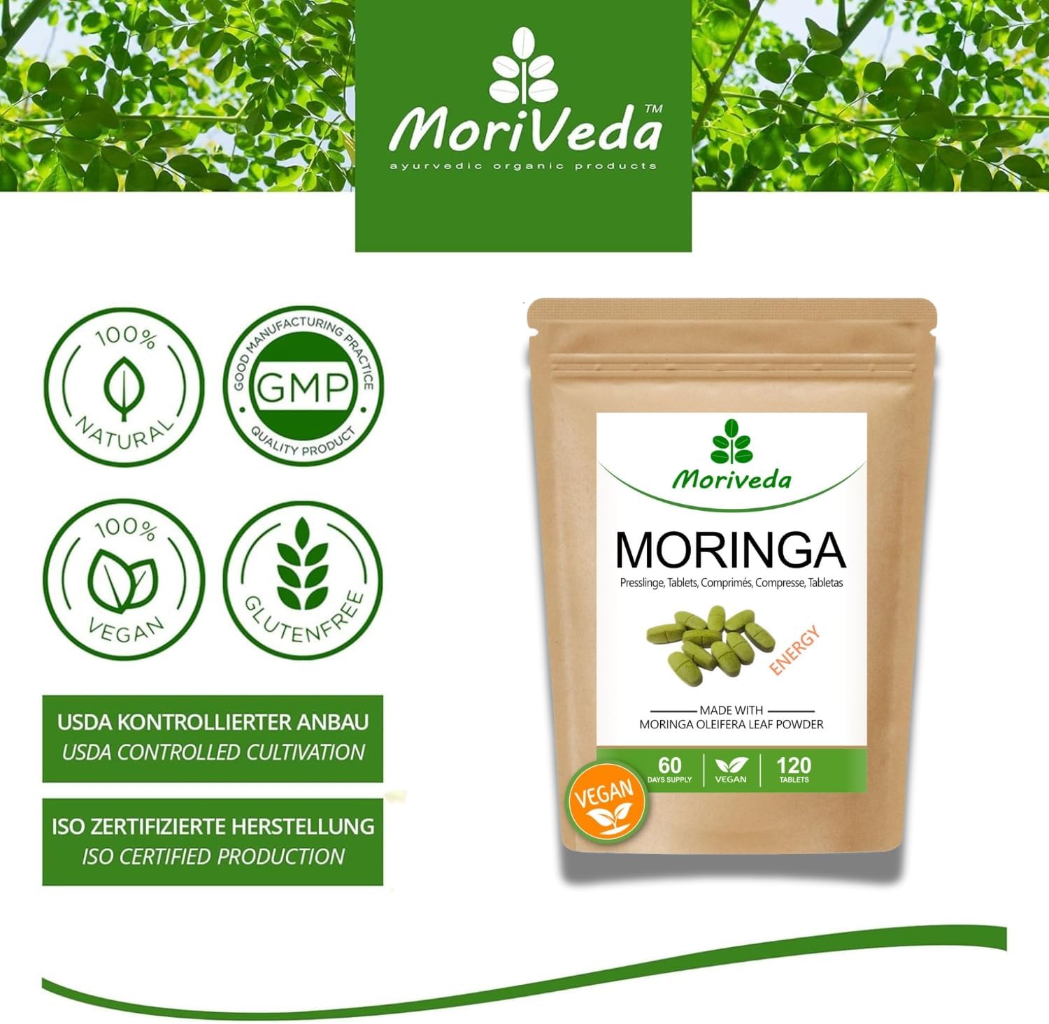 Moringa Energy Tabletten 3800mg - 180 Tage Vorrat - Moringa hochdosiert, mit Vitaminen, Proteinen & Aminosäuren in Ayurveda Spitzen-Qualität - Vegan & Glutenfrei - von MoriVeda - 360 Presslinge