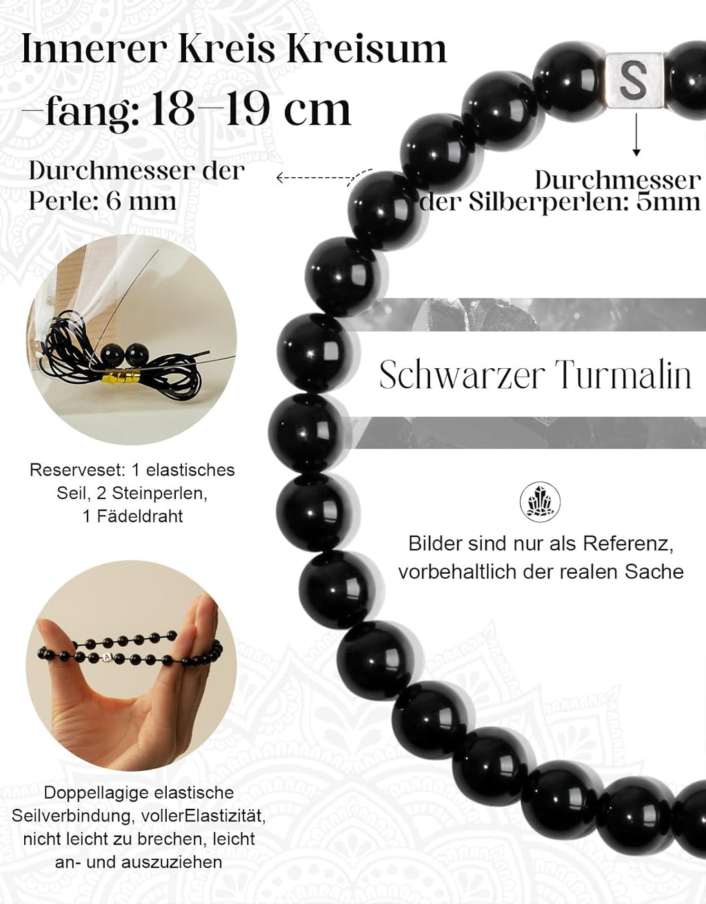 Handgemacht 6mm Naturstein Schwarzer Turmalin Armband mit 925 Sterling Silber Perlen, Heilstein Edelstein Perlenarmband, Damen Herren Buchstaben Armbänder. Schmuck Geschenk. Fakultativ A-Z