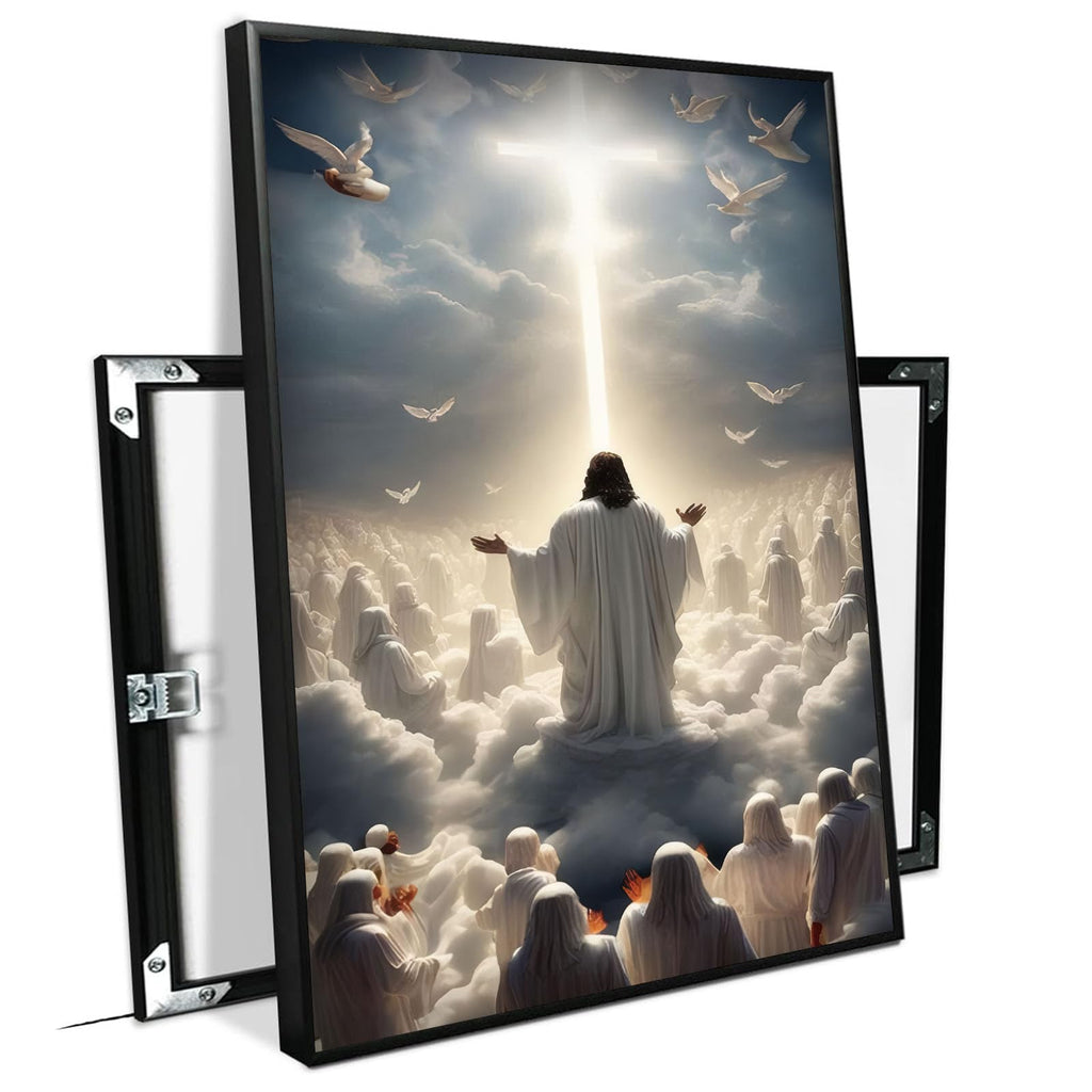 Jesus canvas painting spiritual artwork featuring a girl in a flowing white robe happily playing in a warm field of golden daisies. Adds a vibrant atmosphere to your home's sacred wall decor
