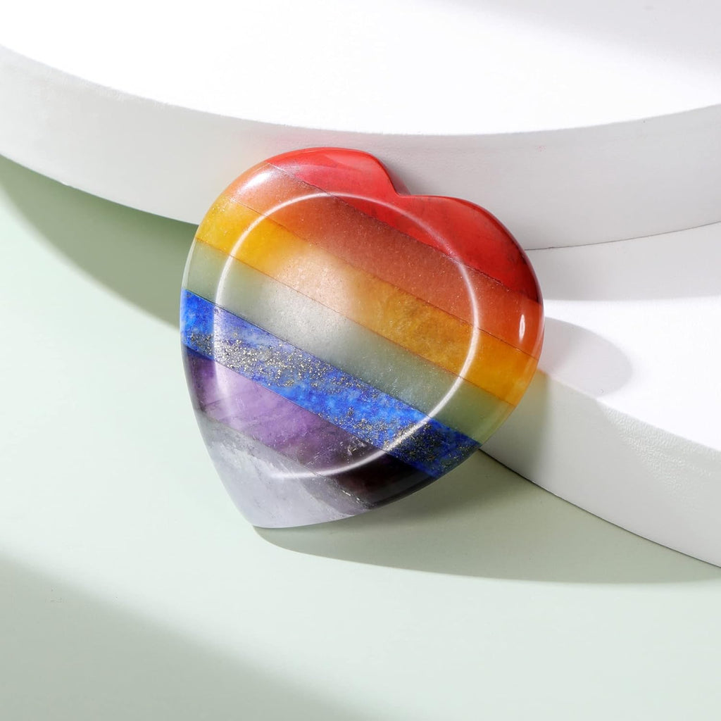 CrystalTears 7 Chakra Worry Stone Heart Shape Concave Gemstone Palm Stone Reiki Healing Chakra Stones Worry Stone Crystal Holistic Balancing Stress Relief