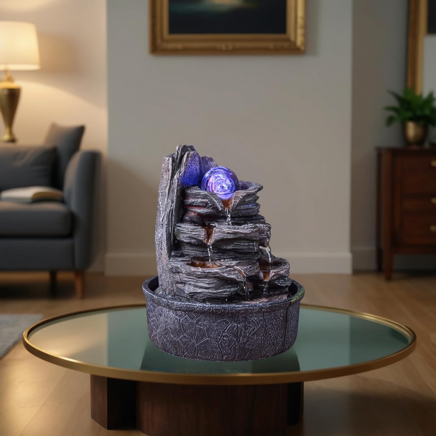 Luberon Zen'Light Indoor Fountain Waterfall Natural Stairs Stone Effect Colourful Light Gift Idea Interior Decoration in Motion Zen Table Fountain Relaxing Lucky Charm Object H 25 cm