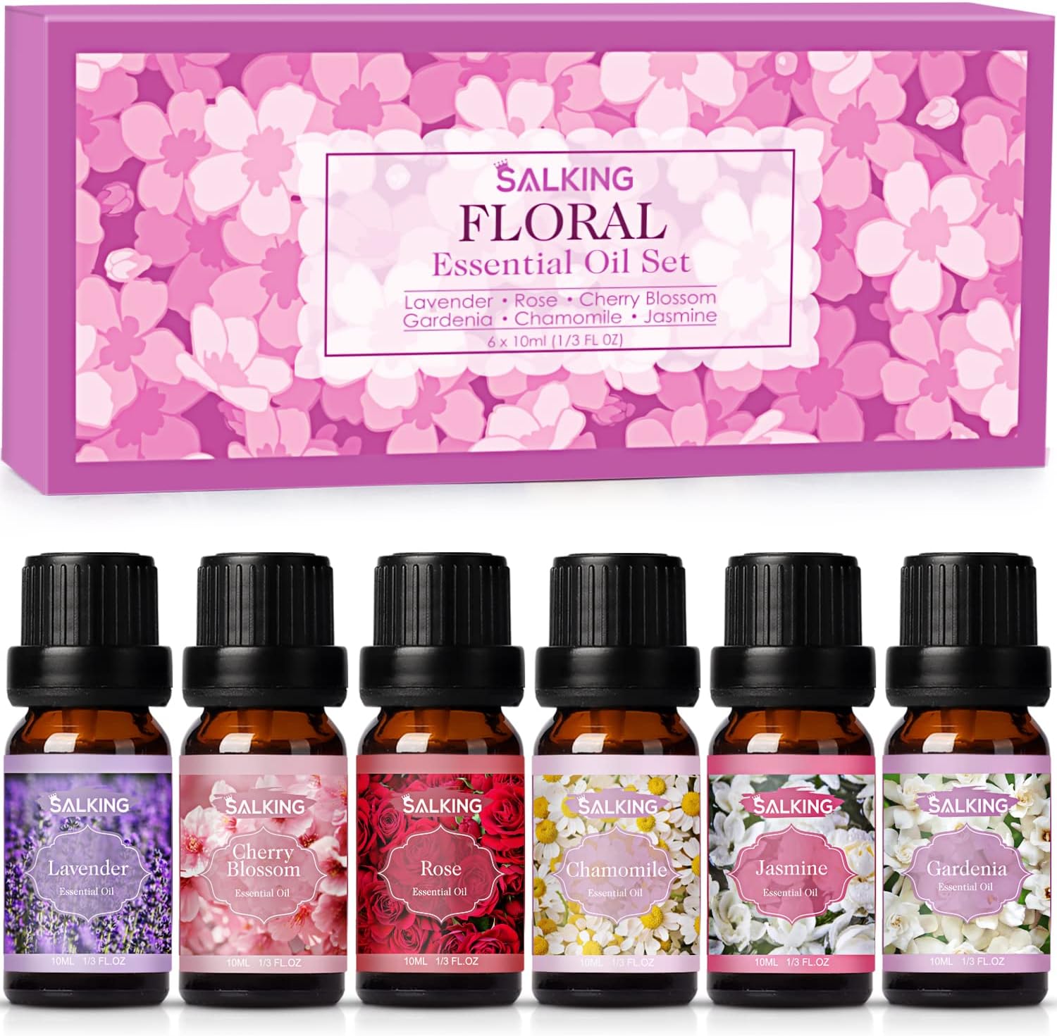 SALKING Essential Oils Set, Aromatherapy Fragrance Oil Gift Set, 100% Pure Fragrance Oils for Diffuser, Oil Lamps, Humidifier, Massage, 6 x 10 ml (Lavender, Rose, Cherry Blossom, Jasmine, Gardenia,
