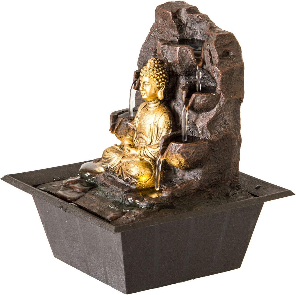 Indoor Fountain Golden Buddha with LED Lighting Table Fountain with Waterfall Decorative Fountain in Rock Look Zen Feel-Good Fountain for Home
