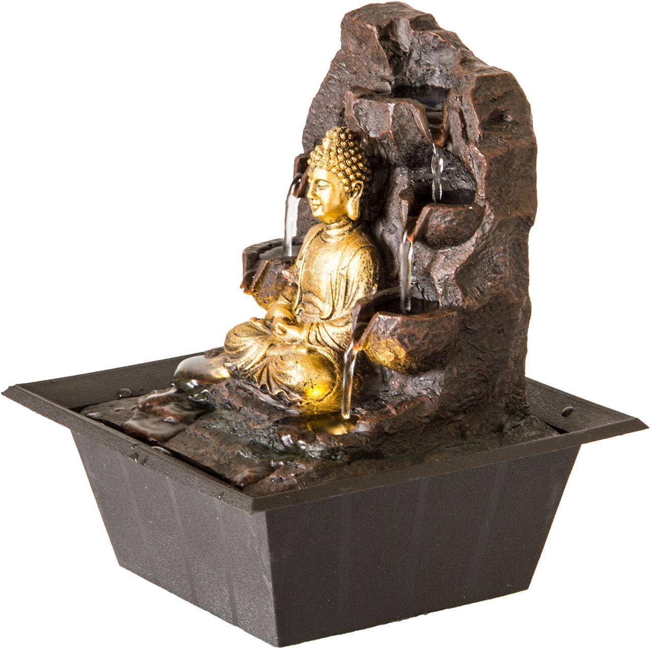 Indoor Fountain Golden Buddha with LED Lighting Table Fountain with Waterfall Decorative Fountain in Rock Look Zen Feel-Good Fountain for Home
