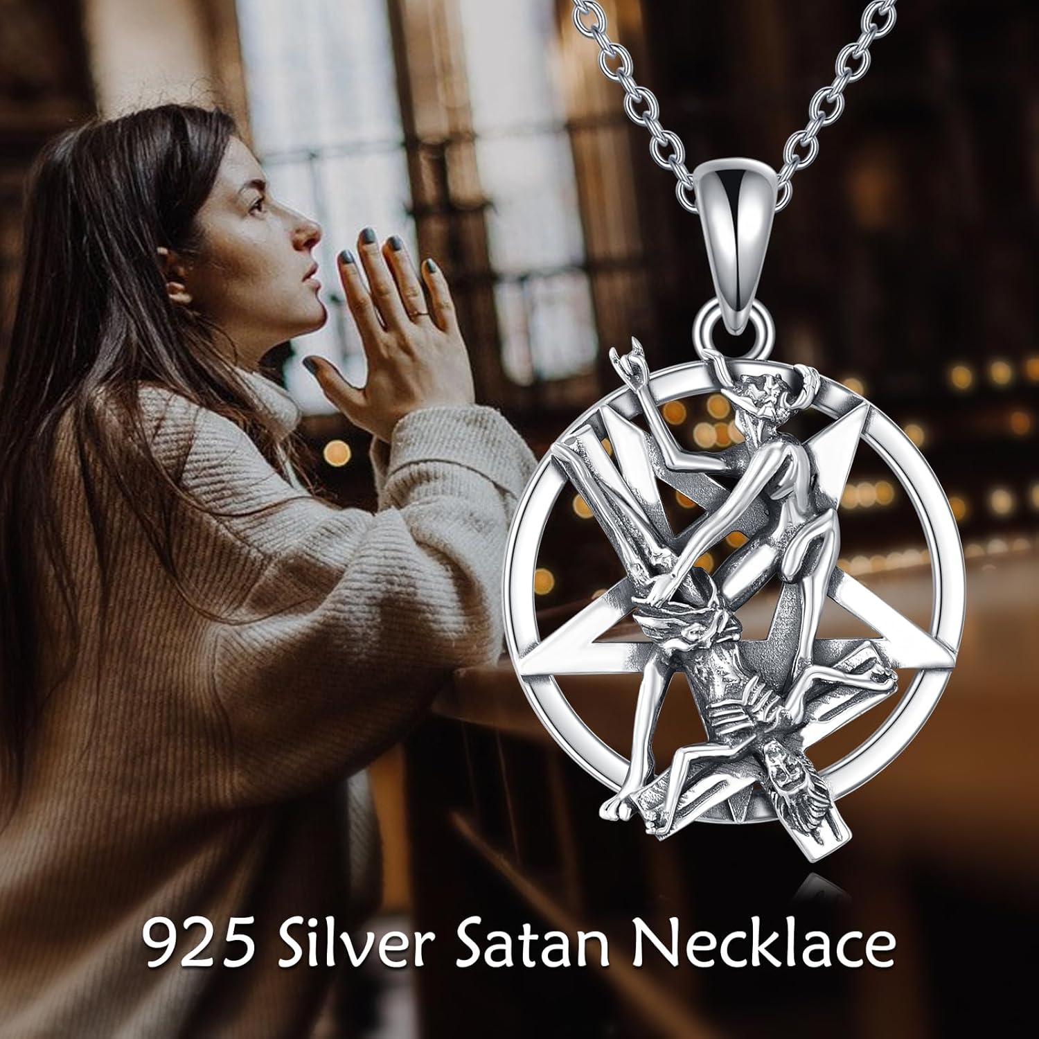 VONALA Satanische Halskette Jesus Upside Down Kreuz Inverted Pentagram Pentagram 925 Sterling Silber Dämon Halskette Gothic Punk Gothic Hexe Schmuck Zubehör