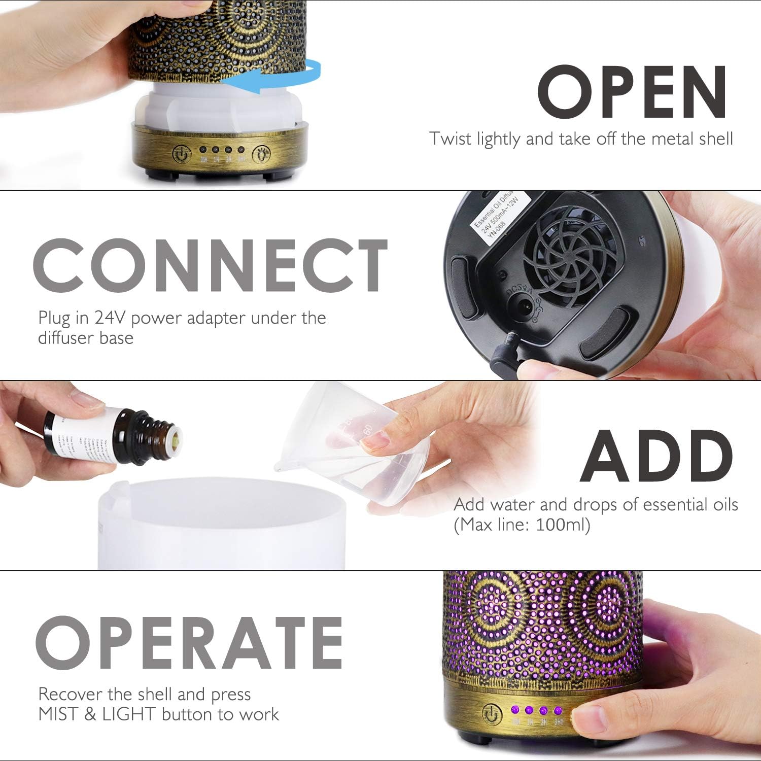 SALKING Aroma Diffuser Luftbefeuchter Humidifier, Handgefertigt Metall Diffusor für ätherische Öle, Automatisch Power-Off, 7 Farbe Licht Vintage Aromatherapie für Baby, Zuhause Büro oder Yoga