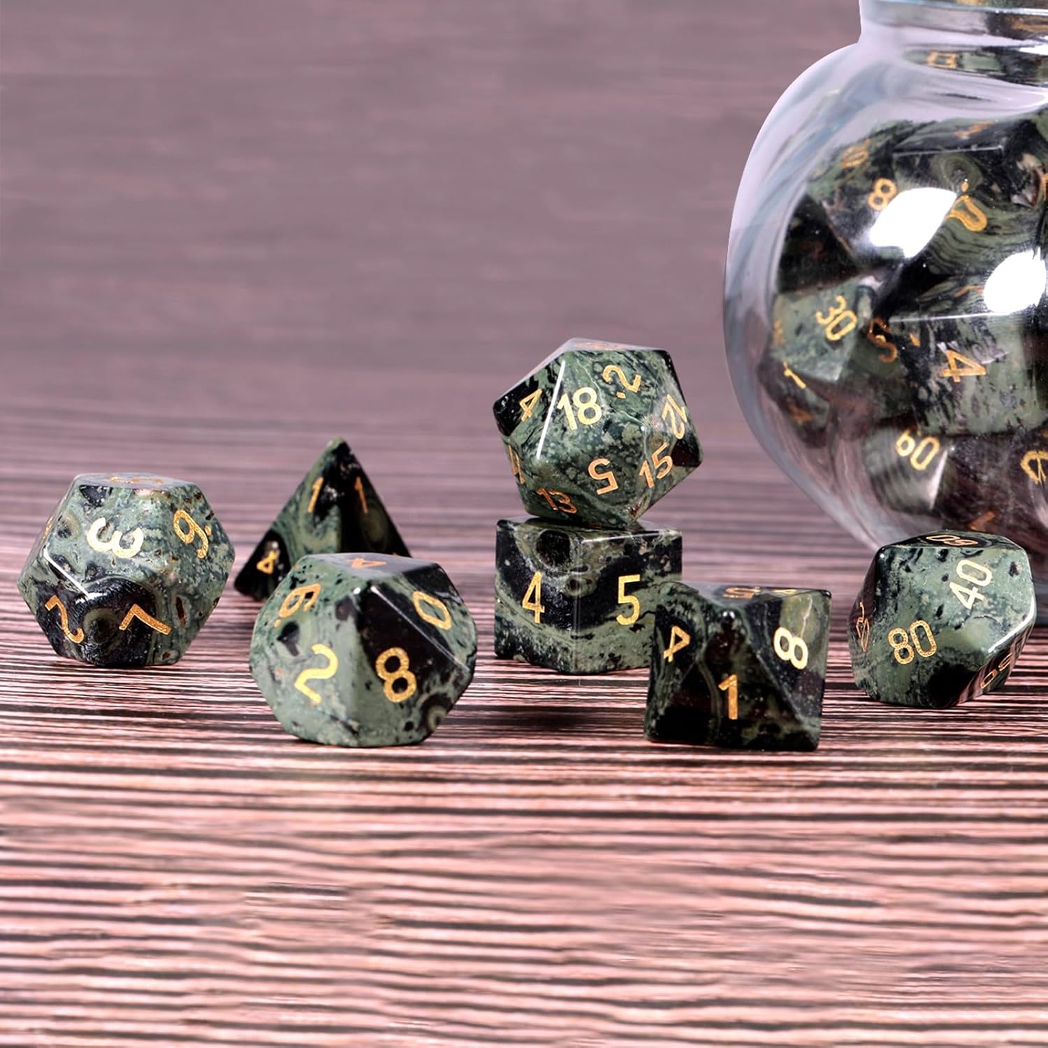 Nupuyai Kambaba Jasper Stone Polyhedral Dice Gemstones Set, 7 Pieces Healing Stones Set, Table Games for Dungeon and Dragons Dice, DND RPG MTG Dice Game Gift