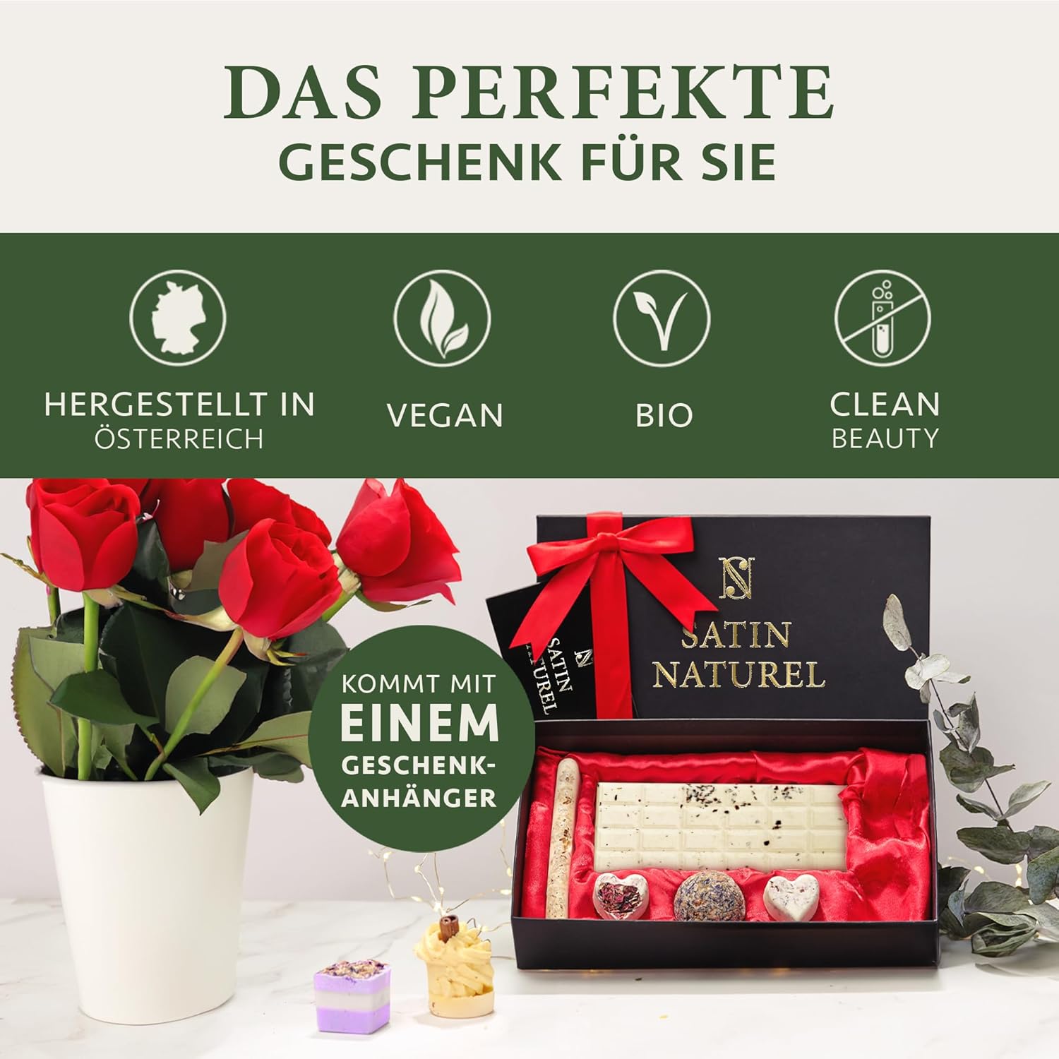 Satin Naturel 7 Luxuriöse BIO Badebomben Vegan für 14 Bäder - Geschenk für Sie - Wellness Geschenke für Frauen - Geburtstagsgeschenk für Frauen - Frauentag Geschenk
