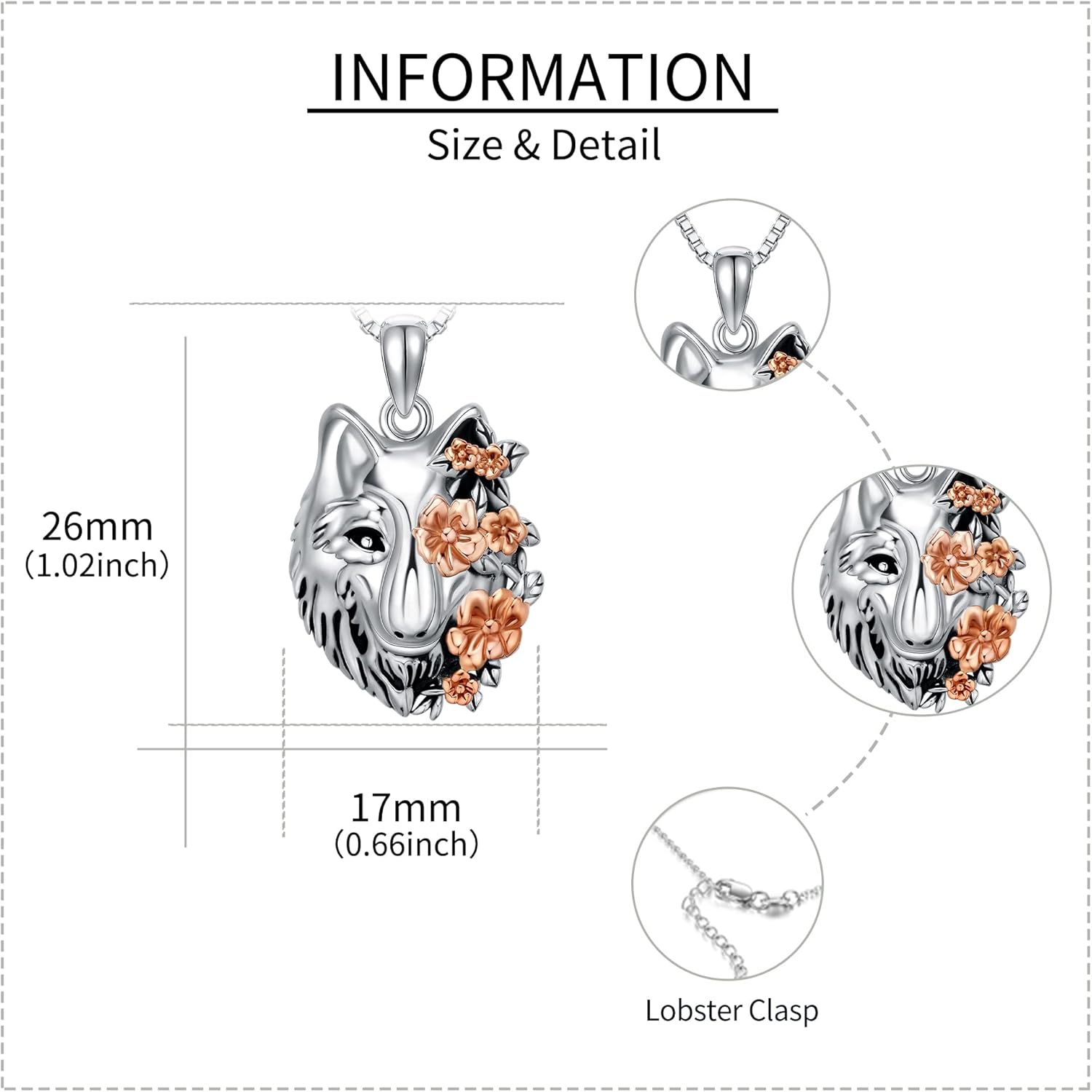 CUPENDA Wolf Halskette Sterling Silber Heulender Wolfskopf Blume Anhänger Halskette Nordische Wikinger Schmuck Geschenke für Frauen