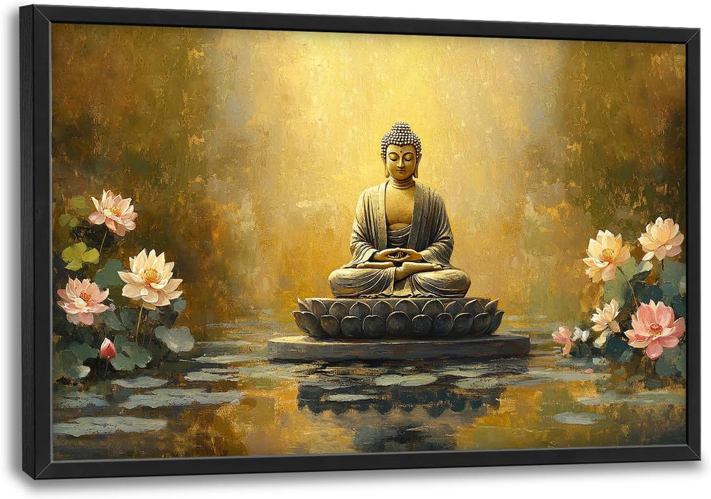 Buddha Lotus Large Wall Art Zen Meditation Wall Decor Spiritual Asian Calming Pictures Canvas Prints Peaceful Buddha Painting Framed Artwork for Yoga Bedroom Living Room Bathroom Home 36"x24"
