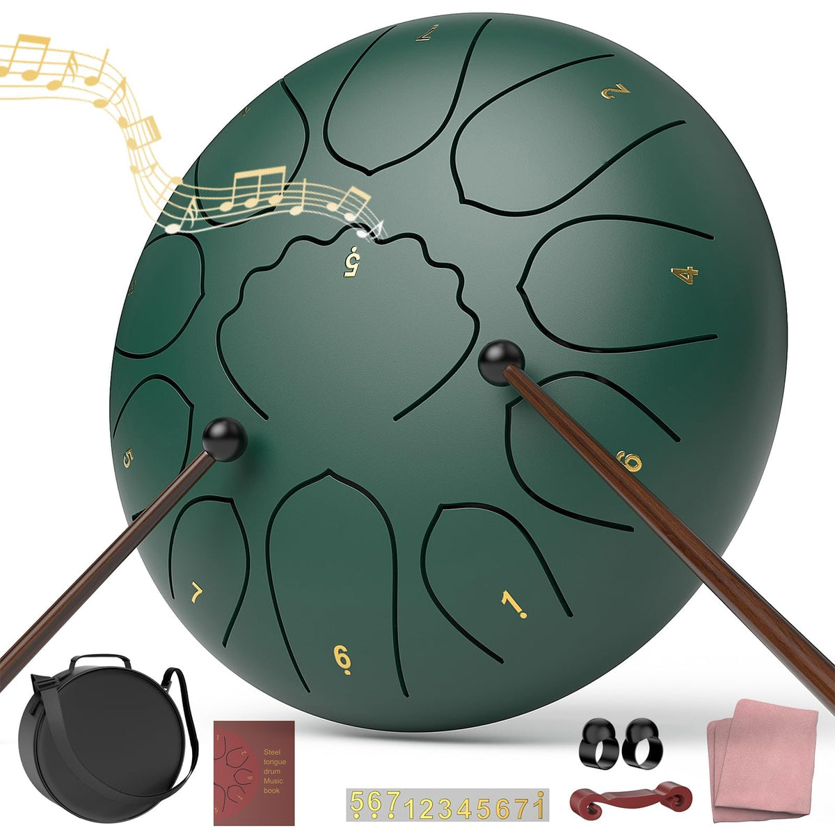 Rain Drum for Outside Garden, 6 Inches 8 Notes Steel Tongue Chakra Drums, Waterproof Meditation Rain Chime, Musical Instruments for Adult Gift with Bag, Music Book, Drum Mallets (Green)