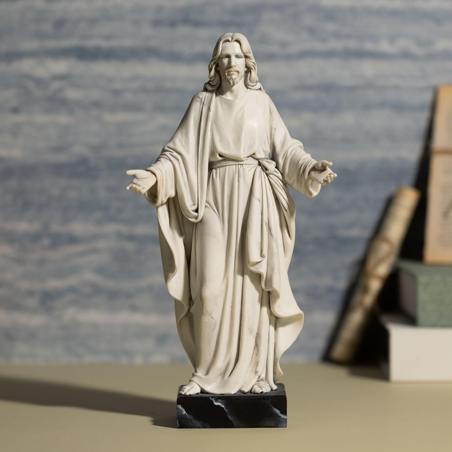 Jesus-Statue, handbemalt, Marmor-Optik, Jesus Christus mit offenen Armen, religiöse Heimdekoration, Kunstharz-Skulptur christliche Heimdekoration, 30,5 cm