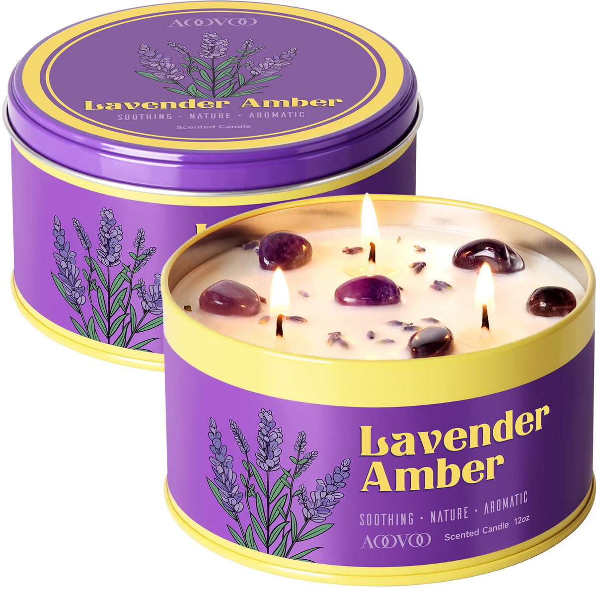 AOOVOO Sage Candle for Cleansing - 3 Wick 12oz Large Scented Candle with Crystals & Sage Leaves Inside, Soy Candles Non Toxic for Meditation Spiritual Gift, Aromatherapy Candle for Women Men