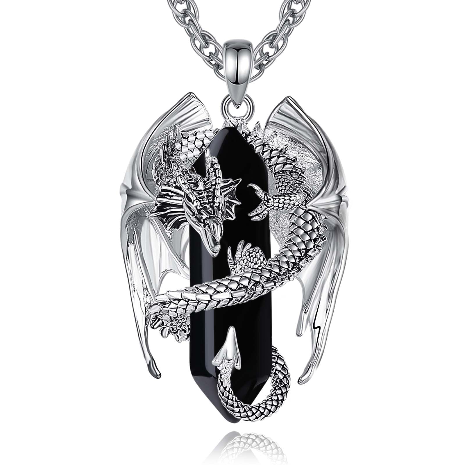INFUSEU Kristall Drachen Kette, Nordischer Drache Gewickelter Zylinder Edelstein Kristall Anhänger Sechseckiger Heilkristall Anhänger Gothic Naturkristall-Schmuck Geschenk für Männer Frauen