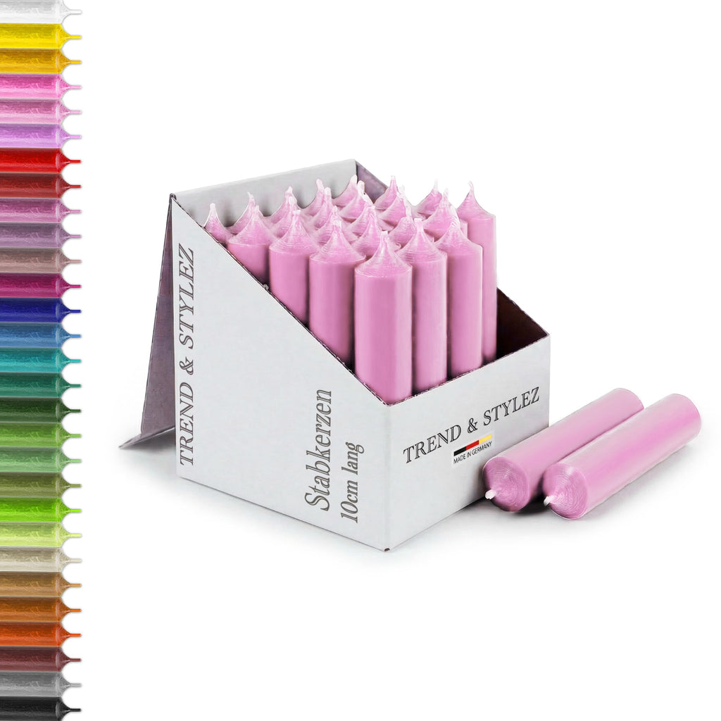 25 kurze Stabkerzen durchgefärbt 100x22mm | RAL Tafelkerzen mit 4h Brenndauer | Ohne Tropfen & Rußen | Leuchterkerzen für Deko | Made in Germany (Pink)