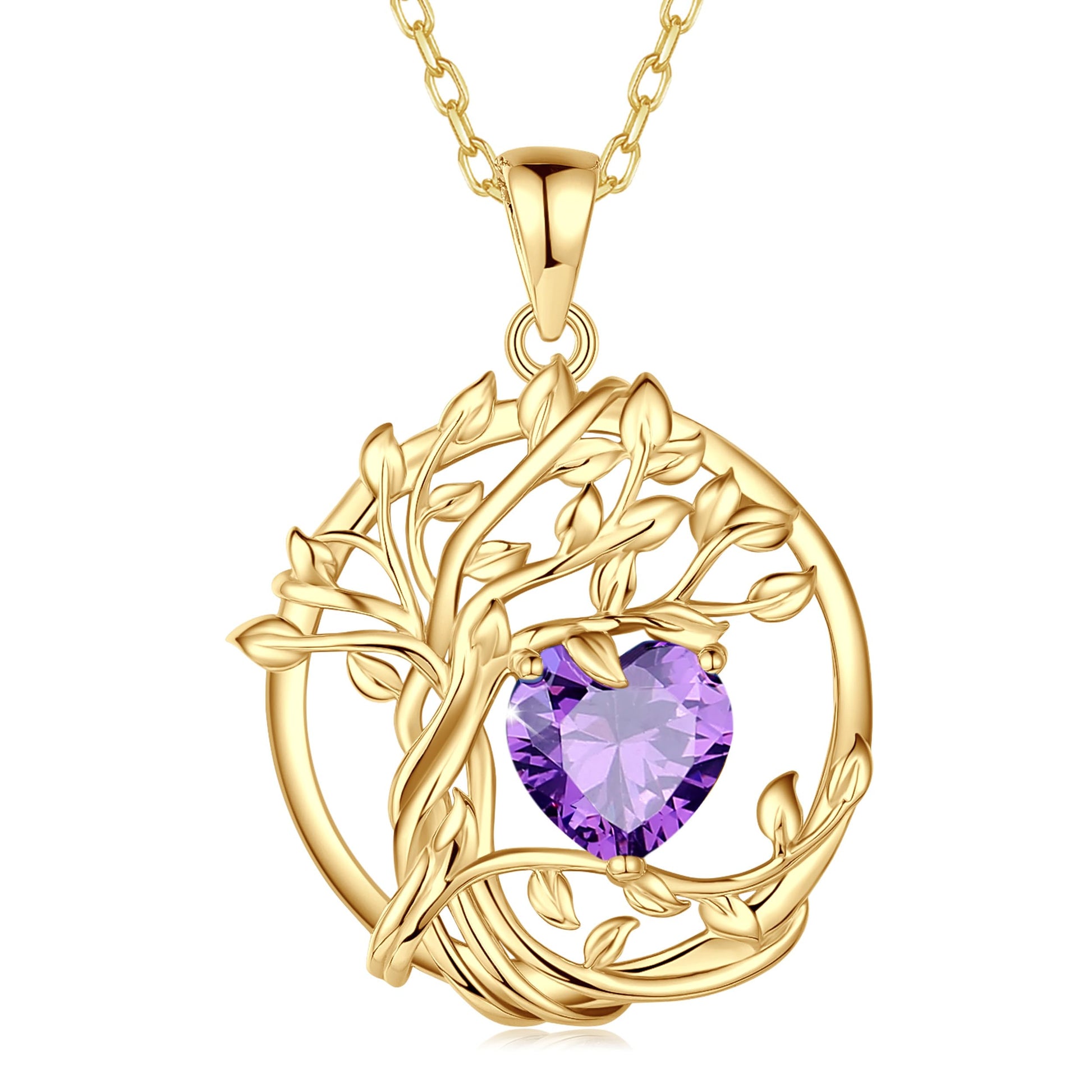 FANCIME Lebensbaum Geburtstein Kette für Damen Gelbgold Vergoldet Baum des Lebens Edelstein Anhänger Halskette Schmuck Geschenke für Damen Frauen Mädchen, Kettenlänge: 40+5 cm