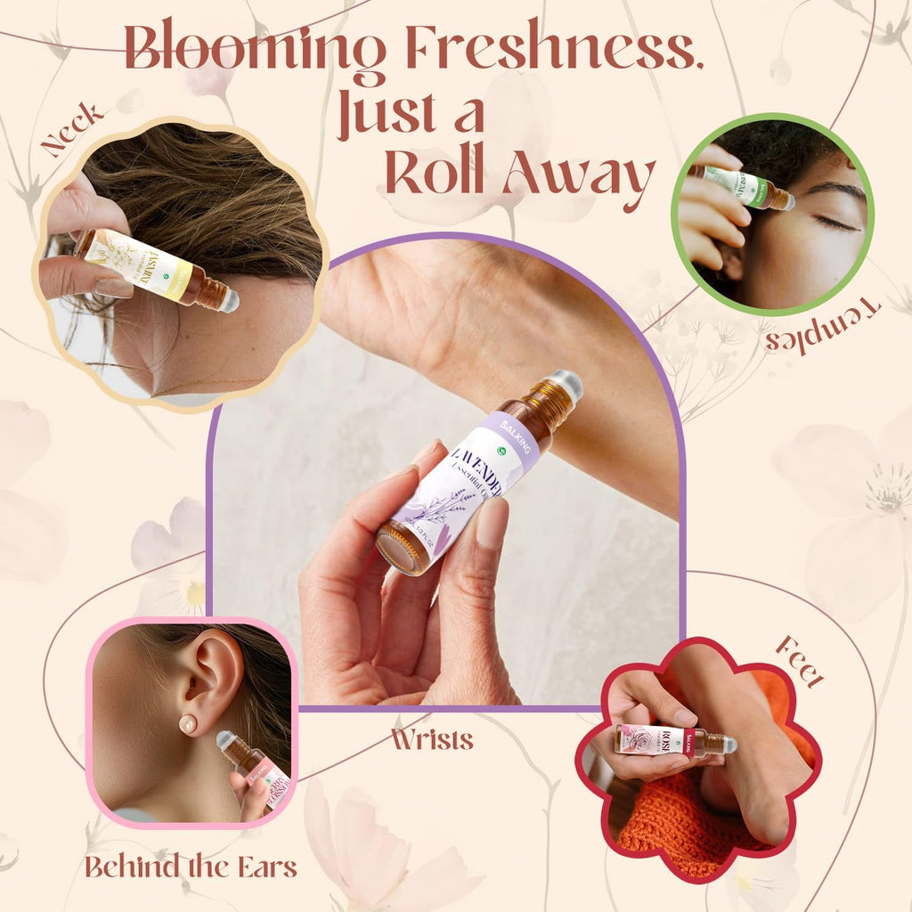 SALKING Aufrollen Ätherische Öle Set, Aromatherapie Blume Roll On Duftöl GeschenkSet, Duftöle für Diffuser Luftbefeuchter,6x10 ml Rose, Lavendel, Kirschblüte, Jasmin, Minze, Rosmarin