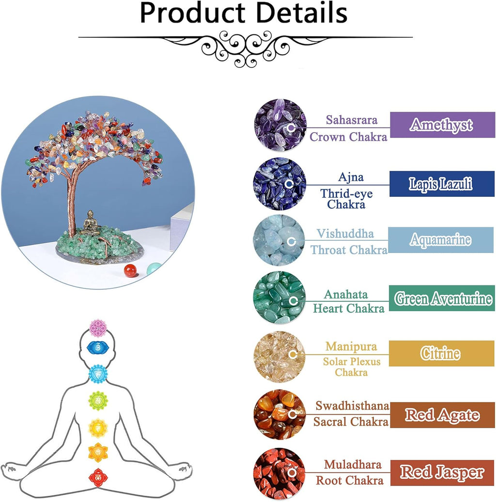 GEHECRST Feng Shui Geldbaum Buddha Figur Lebensbaum Deko mit Achat Basis Heilstein Glücksbringer Baum Trommelsteine Glückbaum Dekoration für Reichtum Glück Gesundheit (7 Chakra)