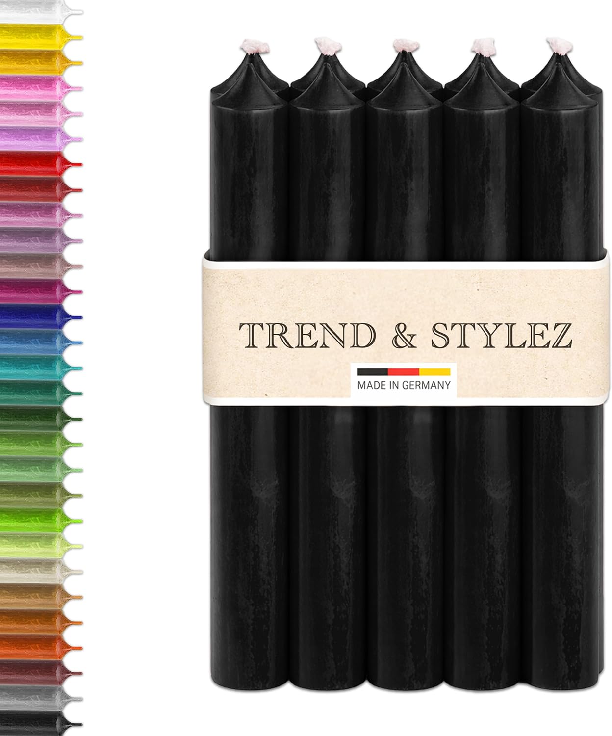 10 Spitzkerzen durchgefärbt (180x22mm) | RAL Stabkerzen mit 8h+ Brenndauer | Ohne Tropfen & Rußen | Tafelkerzen für Leuchter | Made in Germany (Schwarz)