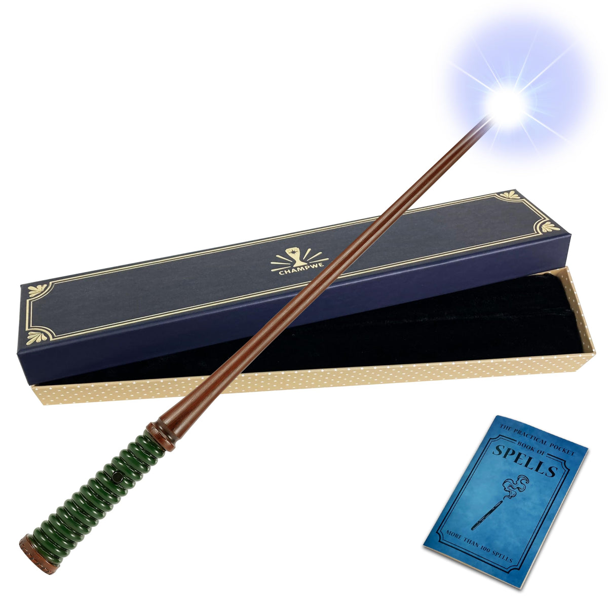 ChampWe Light Up Magic Wizard Wand Rechargeable Illuminating Toy for Kids Witch Collection Cosplay Accessories with Spellbook and Gift Box (Ivy)