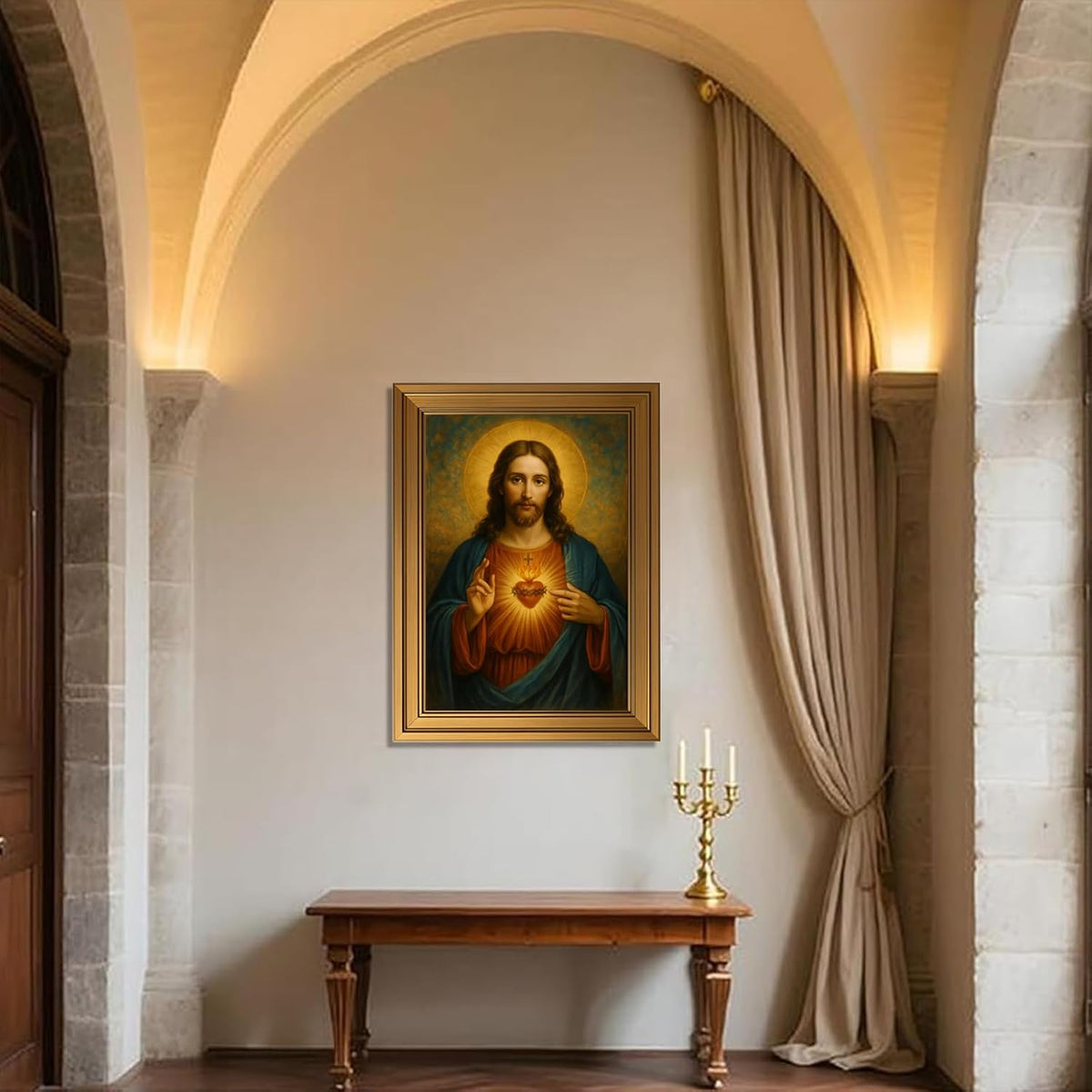Vintage Gold Framed Wall Art 9x11 Inch Sacred Heart of Jesus Paintings Pictures Wall Decor Christian Canvas Poster Printing Artwork for Living Room Bedroom Prayer Room Home Decoration Ready to Hang