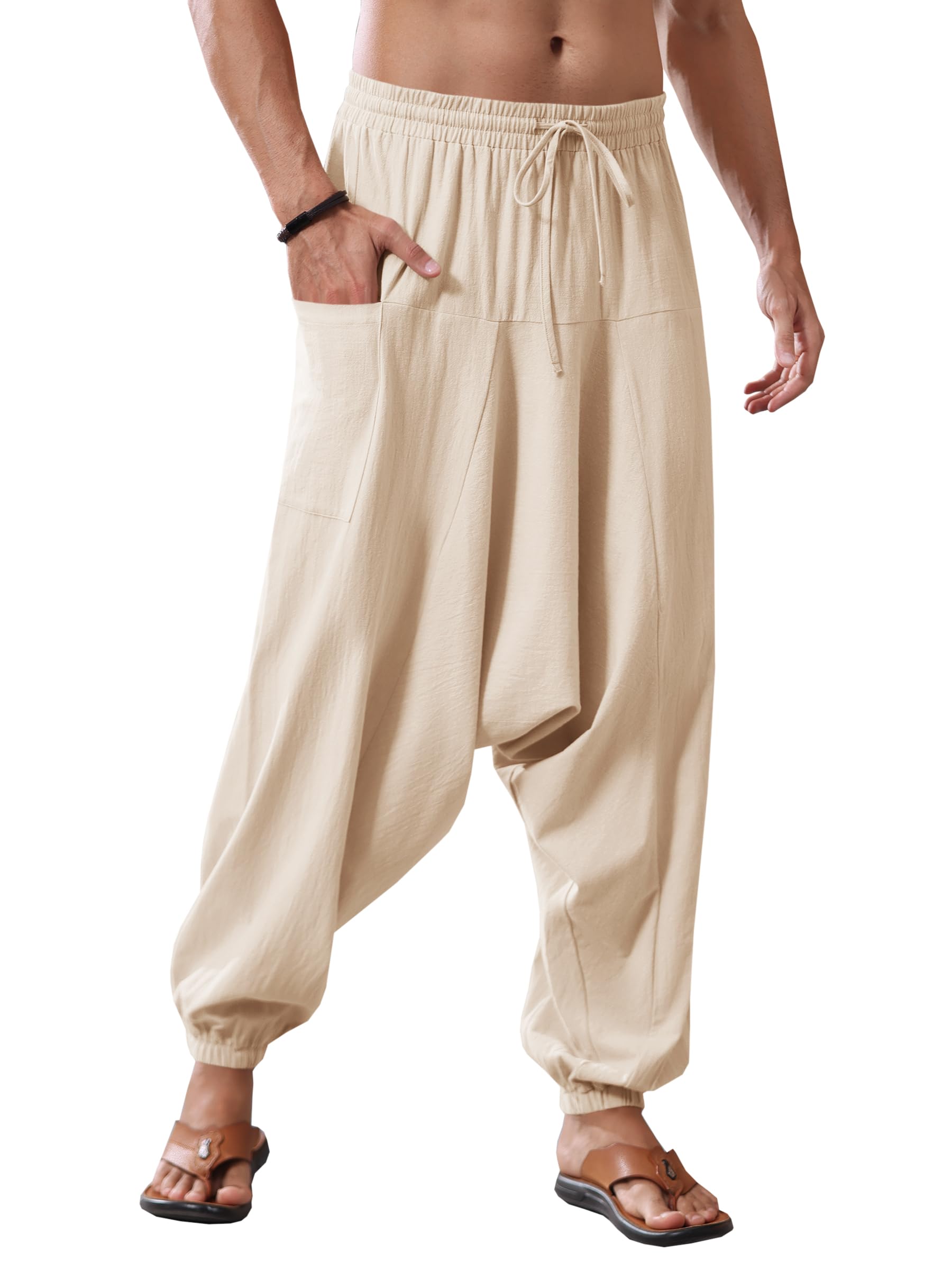 Runcati Mens Harem Pants Baggy Hippie Casual Cotton Linen Loose Boho Yoga Beach Drop Crotch Trouser