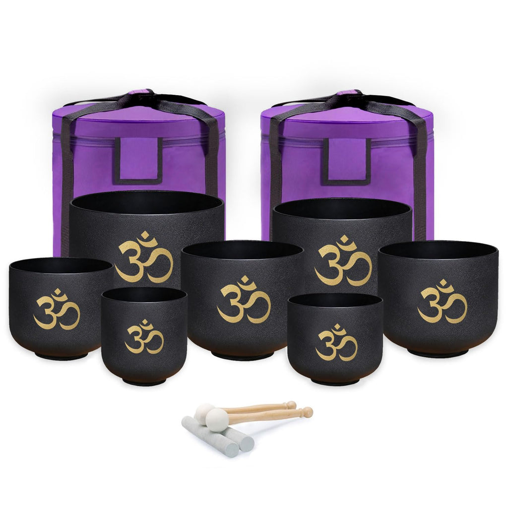 keepdrum Quarz-Klangschalen Chakra Set Gold 7-teilig 8-14 Zoll mit Zubehör