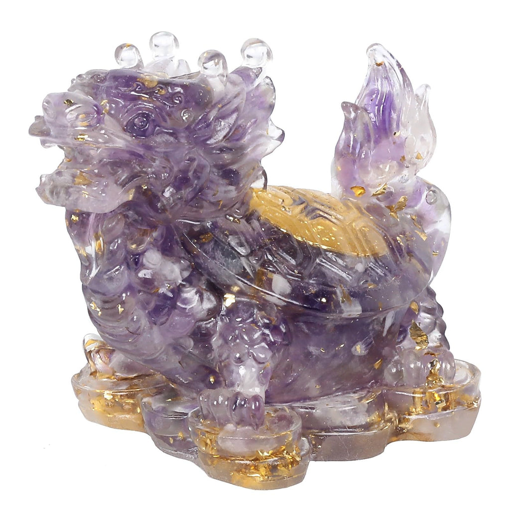KYEYGWO Aquamarine Kristall Drachen-Schildkröte Figur Deko, Harz Chinesischer Drache Stein Statue Reichtum Goldmünze Skulptur Feng Shui Wohlstand Ornament Glück Sammlerfigur für Haus Büro