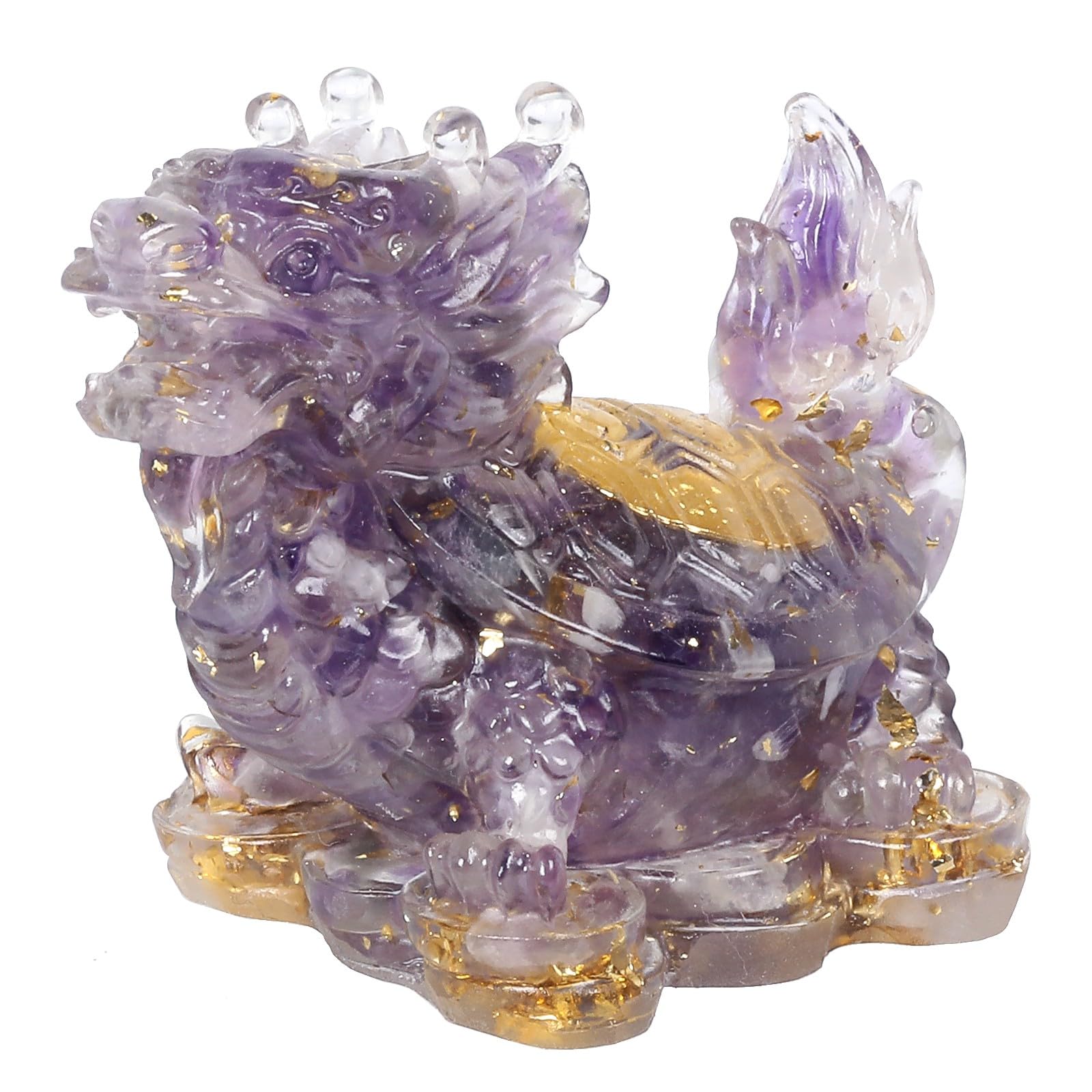 KYEYGWO Aquamarine Kristall Drachen-Schildkröte Figur Deko, Harz Chinesischer Drache Stein Statue Reichtum Goldmünze Skulptur Feng Shui Wohlstand Ornament Glück Sammlerfigur für Haus Büro