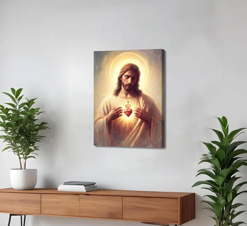 Jesus Sacred Heart Canvas Wall Art Painting Christian Poster Print Divine Mercy Picture Religious Spiritual Wall Decor for Bedroom Living Room 16x24in Framed