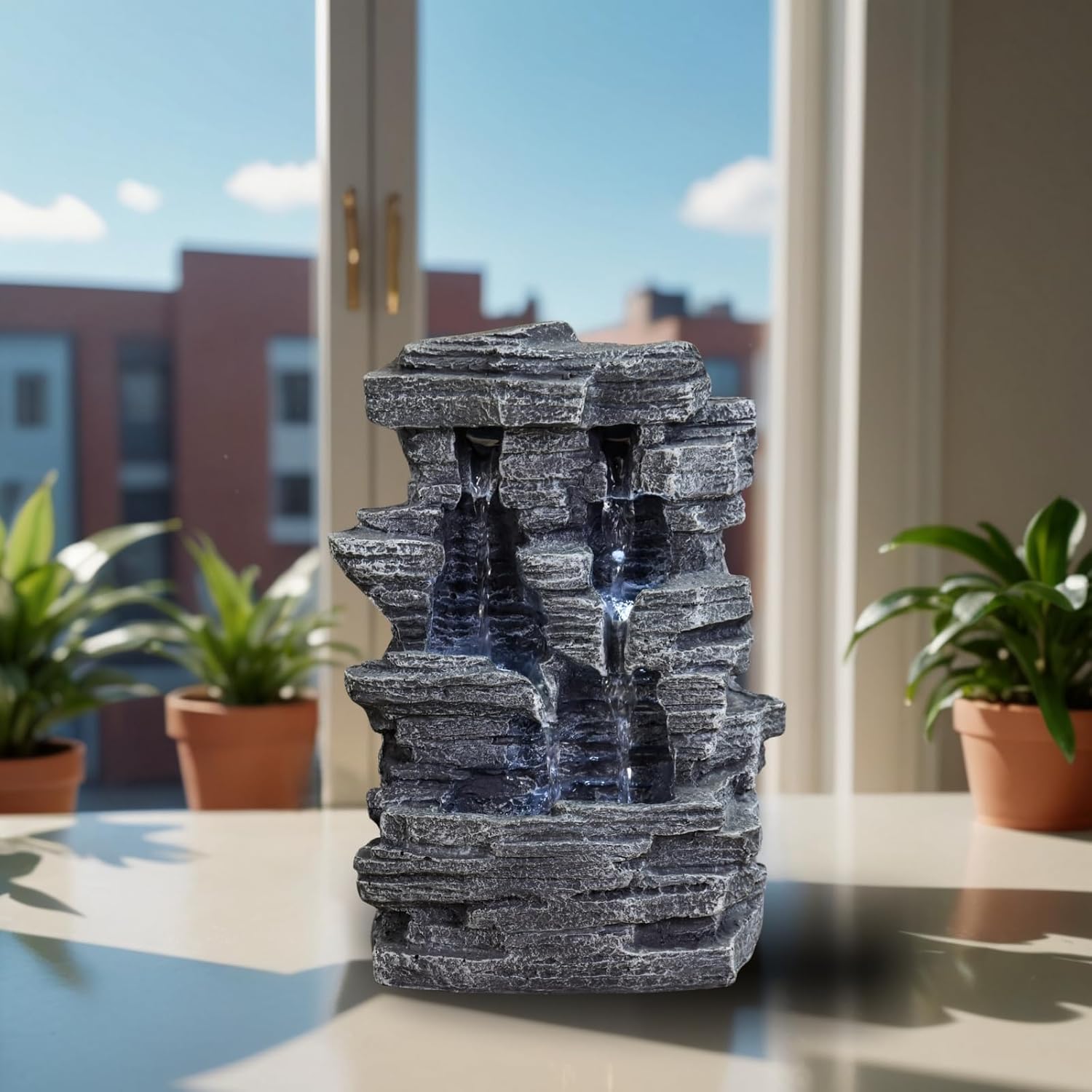 Zen'Light - Zimmerbrunnen Grand Canyon - Wasserfall in Steinoptik - Weiße LED-Beleuchtung - Moderne Zen Deko, Ideal für Meditation & Entspannung - Feng Shui - H 28cm, Grau