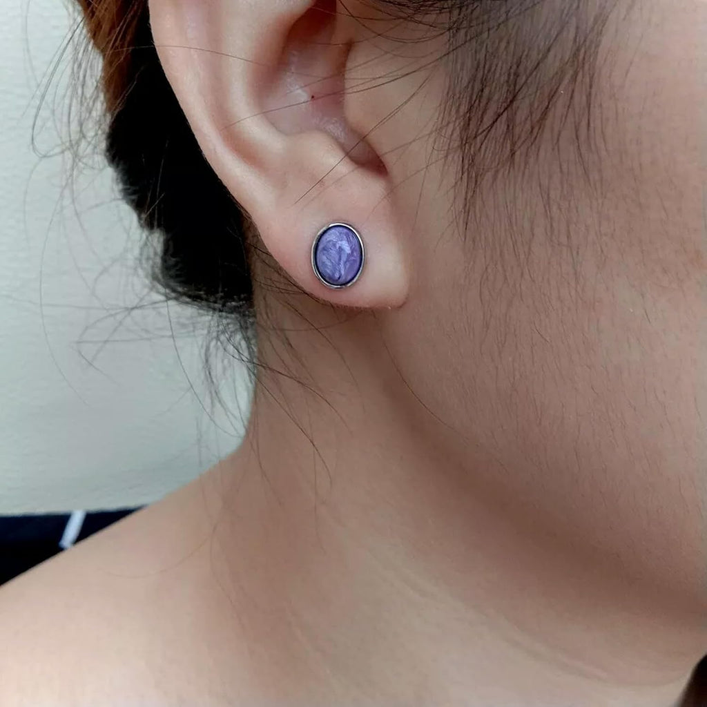 Natural Purple Charoite Earrings Oval Shape Bezel Set Stud Earrings 925 Silver