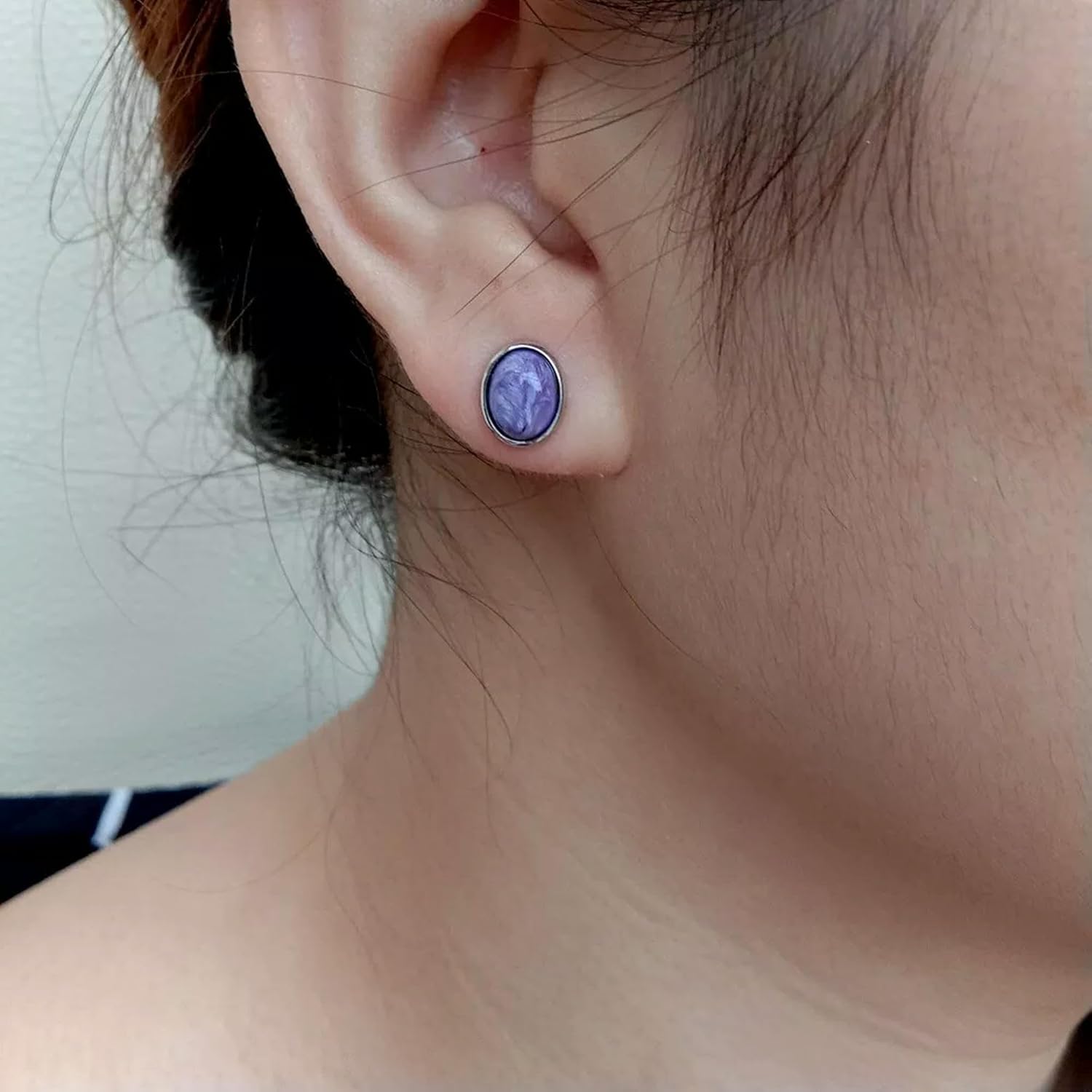 Natural Purple Charoite Earrings Oval Shape Bezel Set Stud Earrings 925 Silver