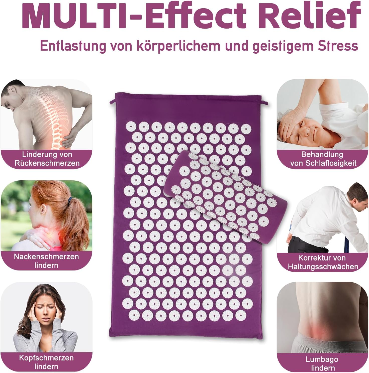 Acupressure Mat, Acupuncture Mat, Acupressure Mat for Relief of Neck and Back Pain, Acupressure Mat with Muscle Relaxation and Stress Relief, Shiatsu Mat for Sciatica Relief, Purple White