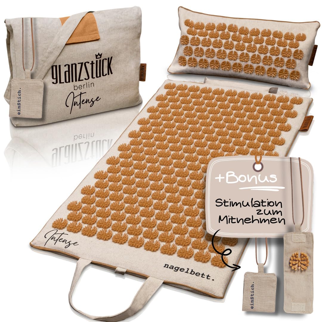 Glanzstück Berlin® Health Collection: XL Akupressurmatte Set ORIGINAL aus Leinen, Hilfe bei Verspannungen, Rückenschmerzen, Massagematte mit Kissen (Wärmefunktion) & Tasche, nachhaltig