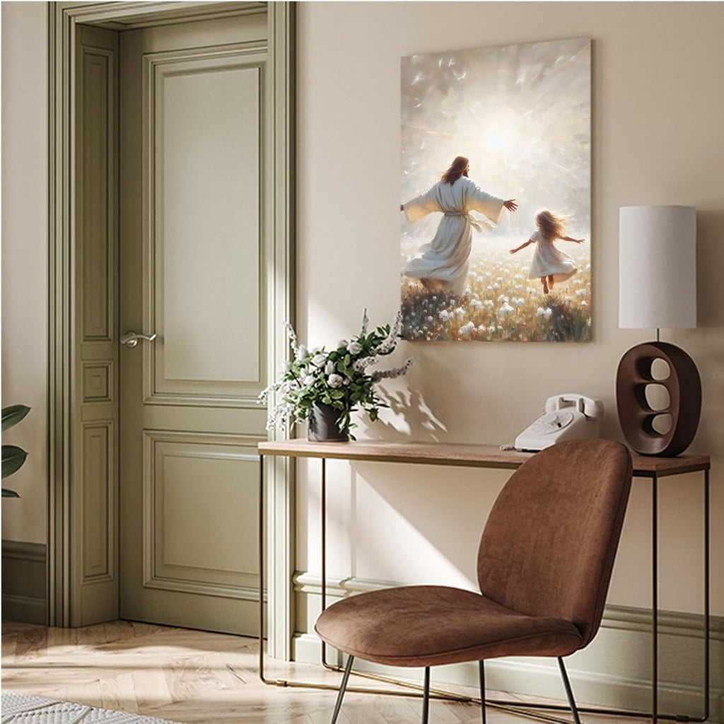 Jesus canvas painting spiritual artwork featuring a girl in a flowing white robe happily playing in a warm field of golden daisies. Adds a vibrant atmosphere to your home's sacred wall decor