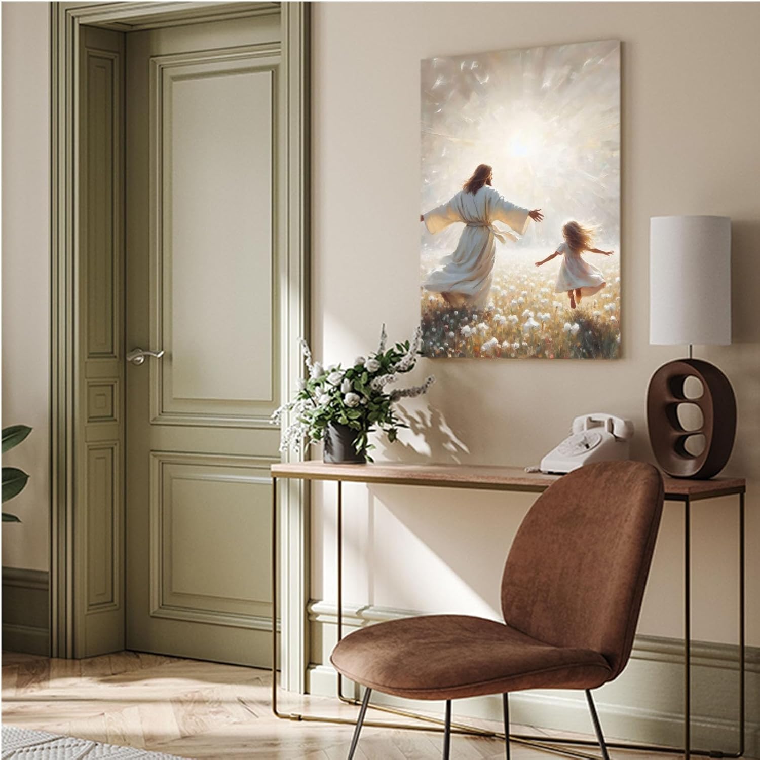 Jesus canvas painting spiritual artwork featuring a girl in a flowing white robe happily playing in a warm field of golden daisies. Adds a vibrant atmosphere to your home's sacred wall decor