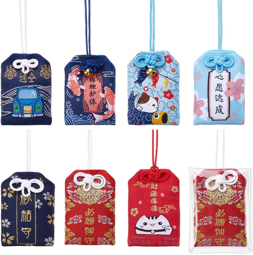 WEBEEDY Pack of 8 Omamori Charms, Japanese Shrine Lucky Blessing Bag, Amulet, Lucky Charm, Blessing Bag, Pendant for Health, Japanese Pendant for Car, Christmas, Christmas Tree Pendant