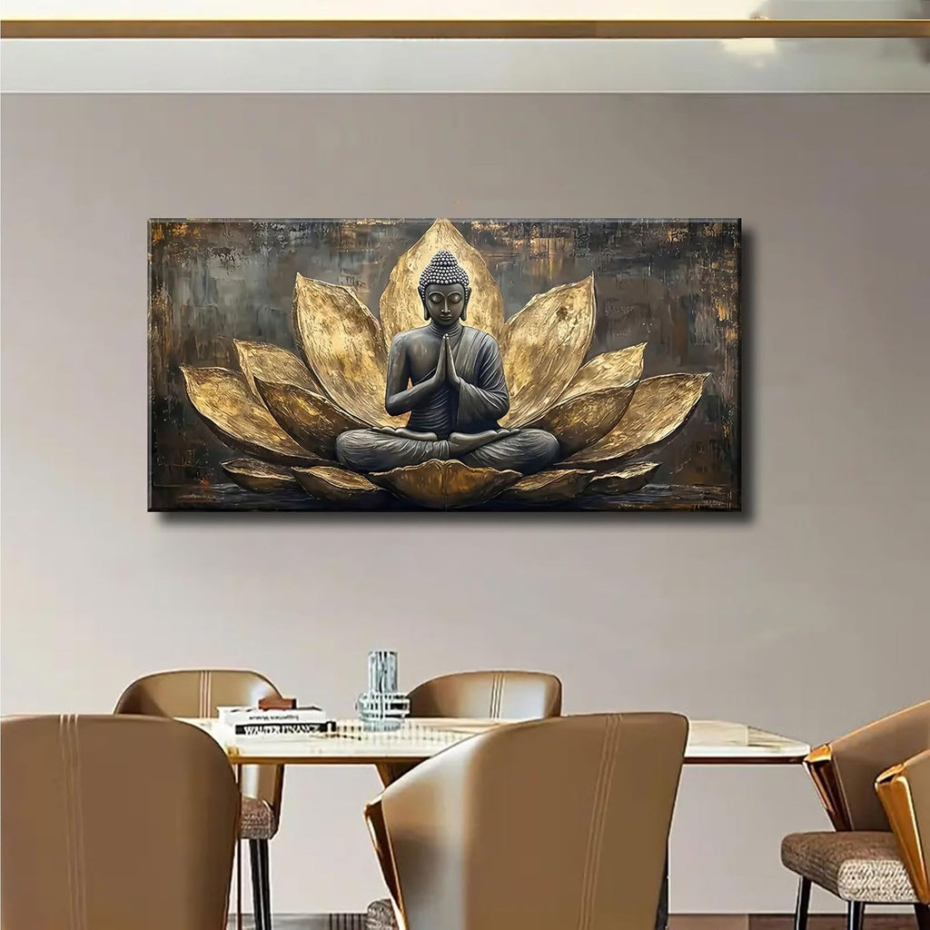 Large Buddha Lotus Canvas Wall Art Abstract Gold and Grey Zen Buddhism Decor painting Pictures Modern Serene Meditation Posters Prints for living room Bedroom Office Hallway Home Decoration