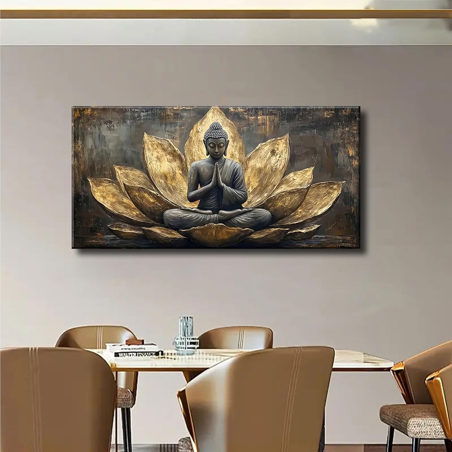 Large Buddha Lotus Canvas Wall Art Abstract Gold and Grey Zen Buddhism Decor painting Pictures Modern Serene Meditation Posters Prints for living room Bedroom Office Hallway Home Decoration