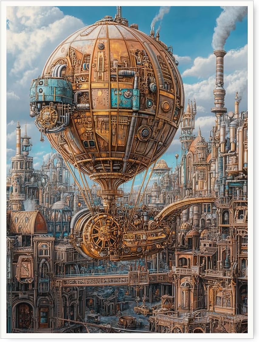 Steampunk Airship Canvas Wall Art Vintage Cityscape Illustration with Metallic Airship and Ornate Buildings Fantasy Sci-Fi Print for Office Lounge Studio Posters 11x14in Unframed