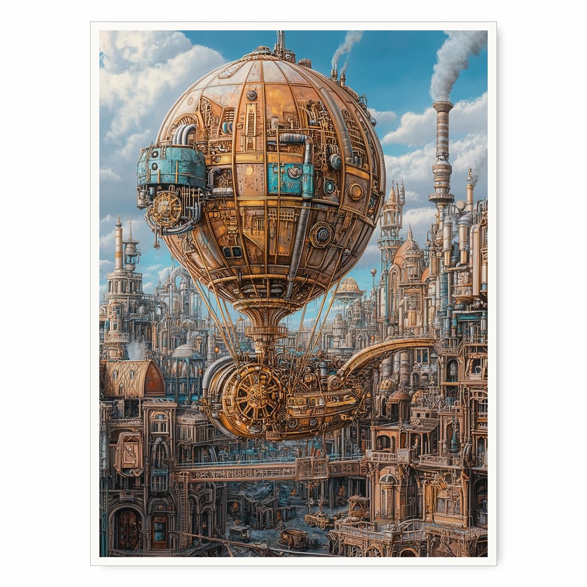 Steampunk Airship Canvas Wall Art Vintage Cityscape Illustration with Metallic Airship and Ornate Buildings Fantasy Sci-Fi Print for Office Lounge Studio Posters 11x14in Unframed