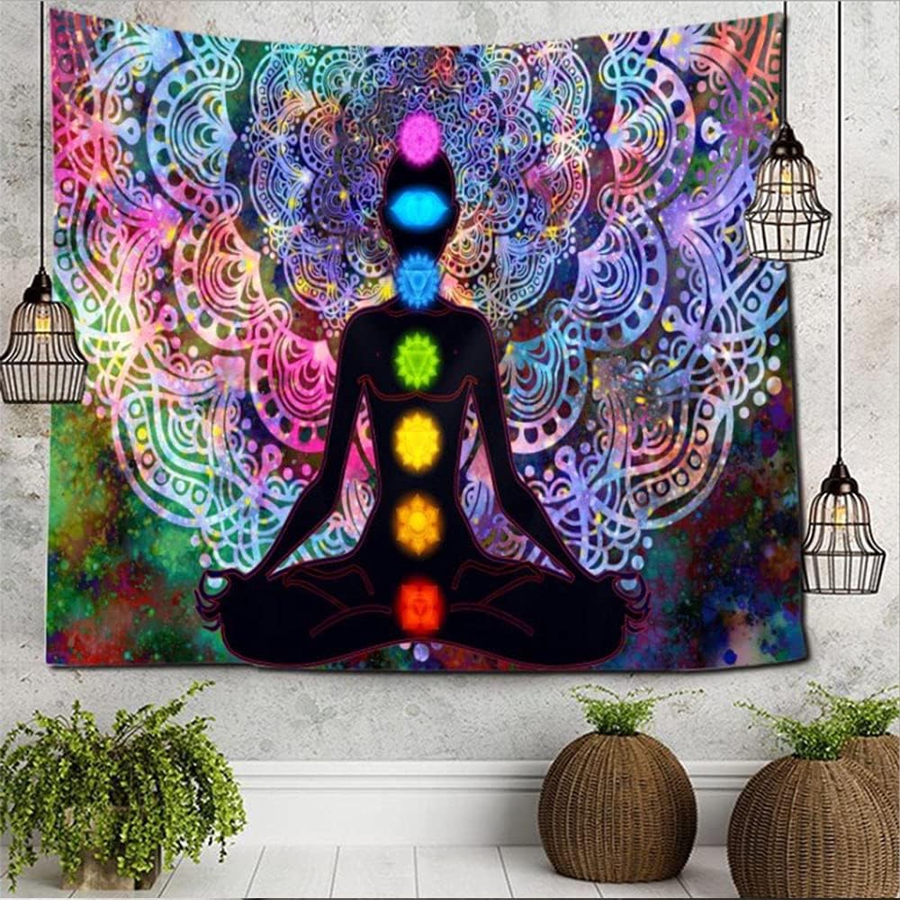 Yoga Mandala Tapestry, Colourful Seven Chakra Tapestry with Installation Kit, for Bedroom, Living Room, Dorm, Studio Room Decor