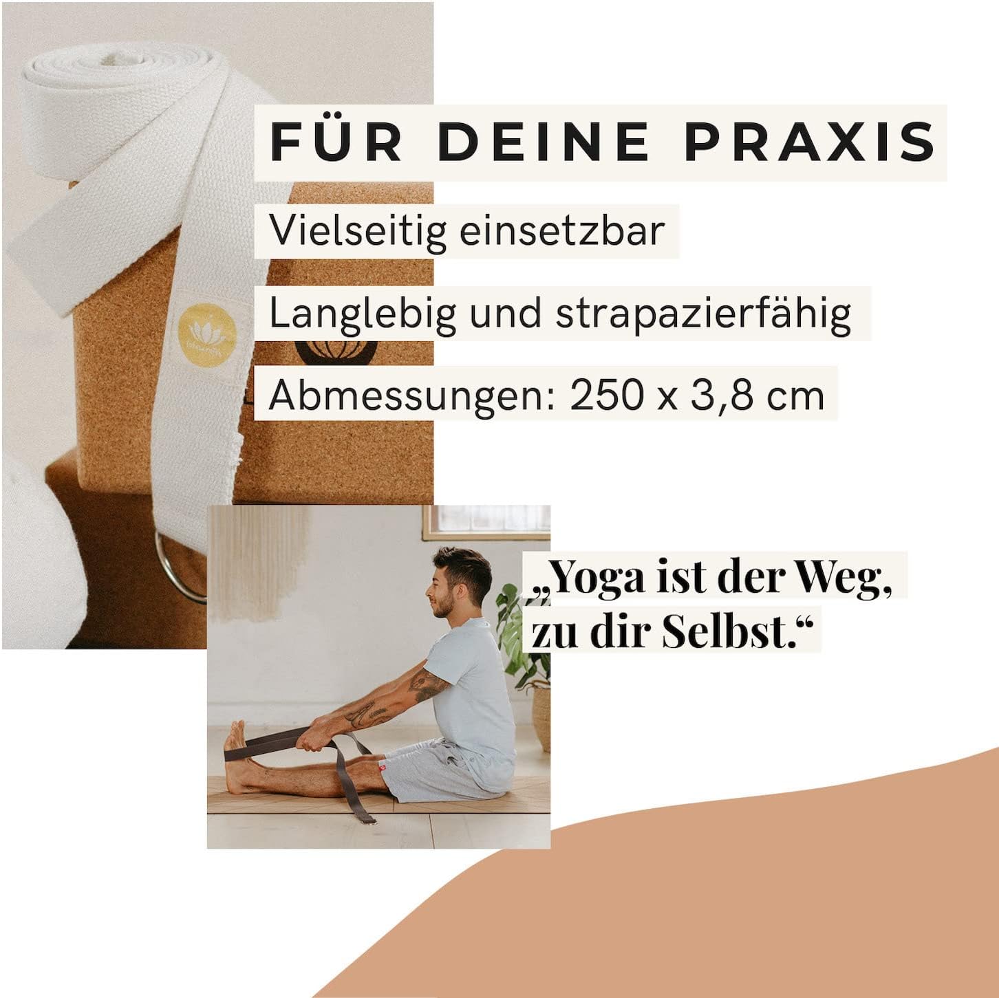 Lotuscrafts® Yogagurt 2,5 m - Yoga-Band zum Dehnen; 100% Bio-Baumwolle, Yogagurt Lang mit Verschluss aus Metall, Yoga-Strap für Einsteiger und Fortgeschrittene, 250 x 3,8 cm