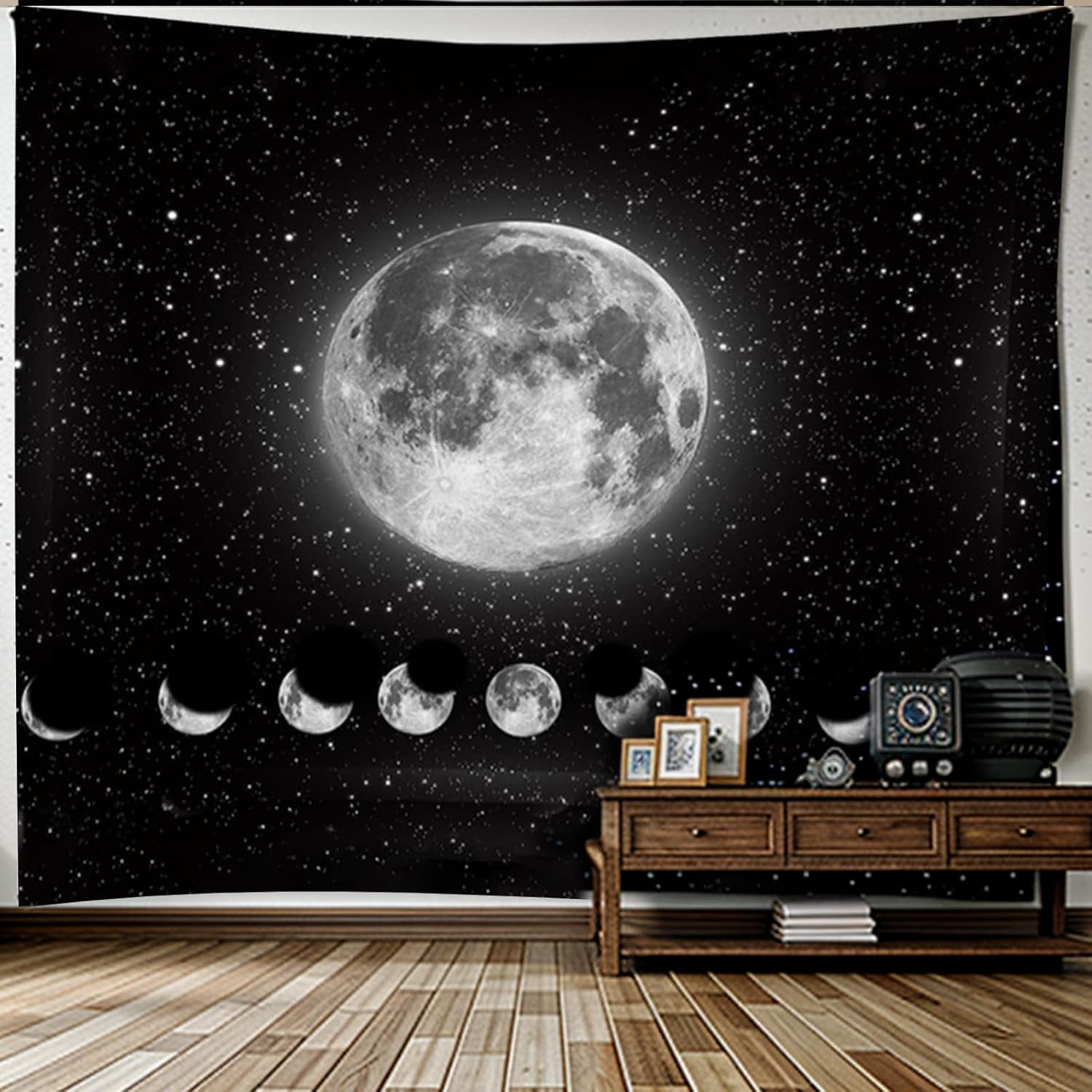 Wandteppich Mondphasen, Schwarz-Weiß-Sonne-Mond-Tapisserie Wandbehang, Mond Wanddeko, Gothic Trippy Tapestry Wandteppiche, Wandtuch Wandbehang Boho Wand Deko, für Schlafzimmer Wohnzimmer(200x150cm)