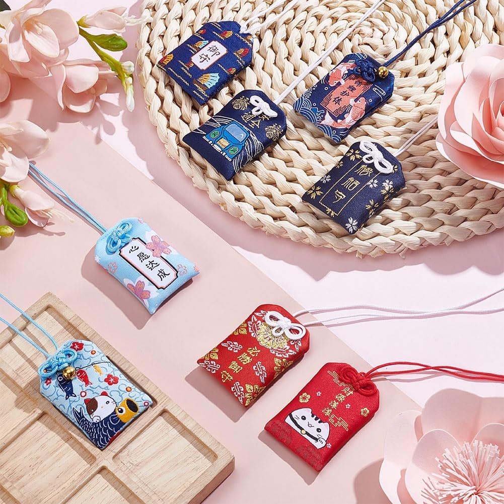 WEBEEDY Pack of 8 Omamori Charms, Japanese Shrine Lucky Blessing Bag, Amulet, Lucky Charm, Blessing Bag, Pendant for Health, Japanese Pendant for Car, Christmas, Christmas Tree Pendant